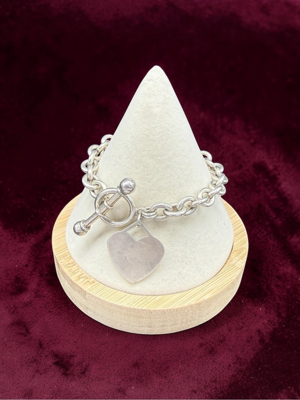 Vintage Silver Tone Rolo Link Bracelet With Heart Charm Toggle Clasp Heavy Read